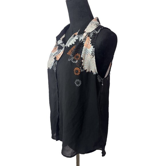 H&M BLACK ORANGE SHEER FLORAL 100% POLYESTER SLEEVELESS SHIRT TANK BLOUSE TOP 8 - Picture 5 of 12